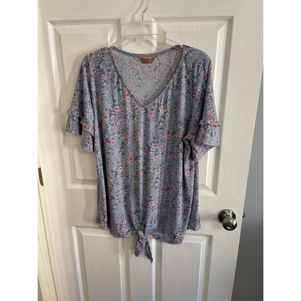 AMANA Short Sleeve Top Size 2X Blue Floral